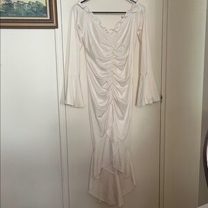 Elegant Cream Ruffled Maxi Dress apricot color